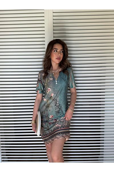 Modayakamoz Women's Short Sleeve V Neck Floral Printed Midi Single Jersey Dress