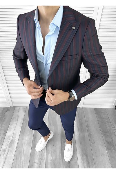 dehaine Sacou pentru barbati, slim fit, in dungi, 574, bleumarin