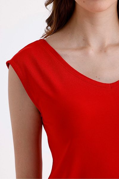 SİSTERS2HC Tricou roșu Lyc din viscoză - Decolteu în V adânc în față și în spate, mânecă căzută