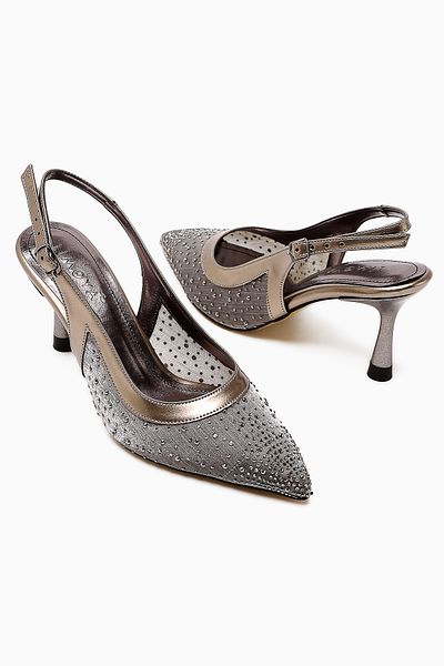 Limoya Kally Platinum Transparent Fabric Stone Detailed Women's Heeled Shoes