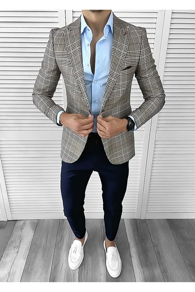 dehaine Men's slim fit checked jacket, 1041, brown