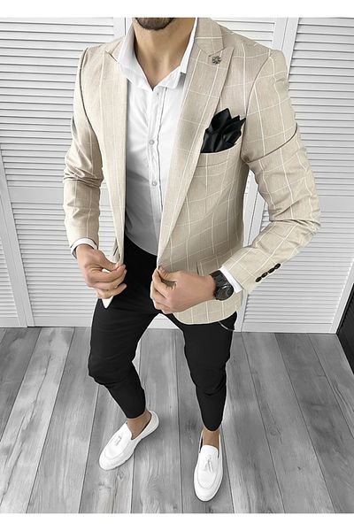 dehaine Sacou pentru barbati, slim fit, in carouri, 1142, bej