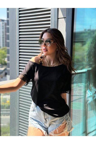 MRA Fashion Women's One Shoulder Strap Short Sleeve Buckle Detailed Lace Viscose Blouse
