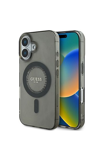 Guess Case for iPhone 16 Plus - Guess IML Rhinestones MagSafe (GUHMP16MPFTDTEK) - Black