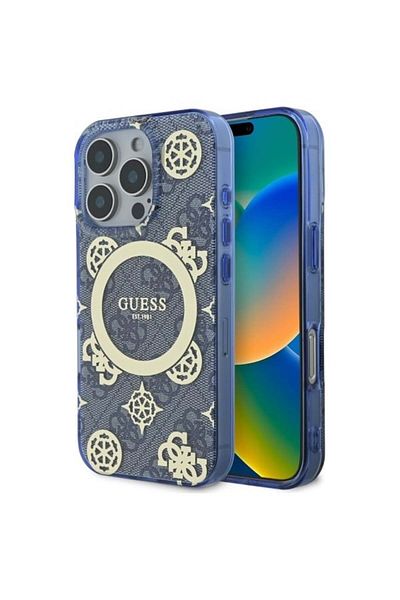 Guess Carcasă pentru iPhone 16 Pro - Guess IML Bujor pe fundal 4G MagSafe (GUHMP16LH4PYEEB) - Albastră