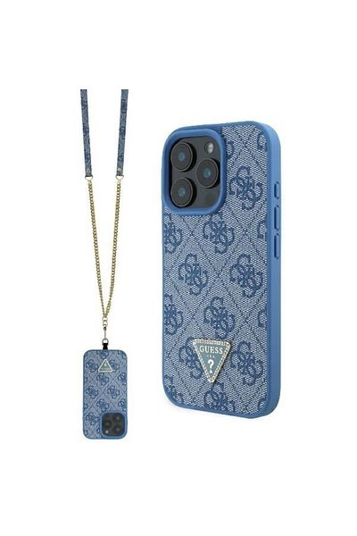 Guess Case for iPhone 16 - Guess Leather Metal Logo Strass Crossbody (GUHCP16SP4TDSCPB) - Blue