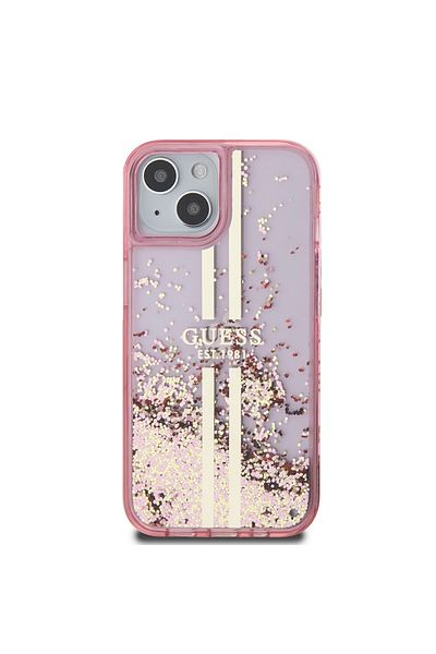 Guess Case for iPhone 15 Plus - Guess Liquid Glitter Gold Stripes (GUHCP15MLFCSEGP) - Pink
