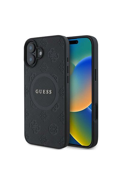 Guess Case for iPhone 16 - Guess Saffiano Peony Classic Logo MagSafe (GUHMP16SPSAPSMEK) - Black
