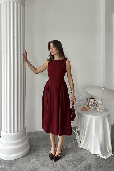 MRA Fashion Burgundy Side Gathered Midi Length Linen Dress