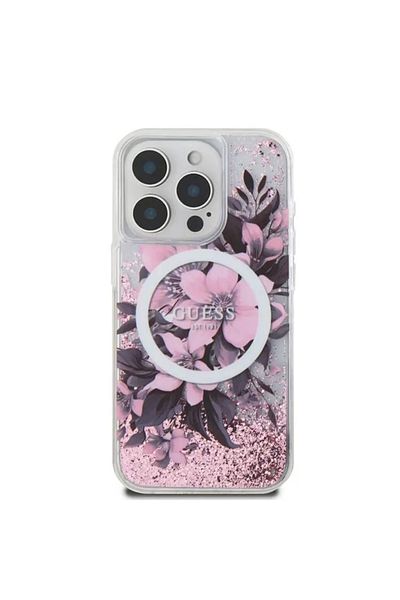 Guess Case for iPhone 16 - Guess Liquid Glitter Flower MagSafe (GUHMP16SLFMWTP) - Pink