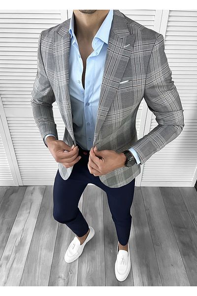 dehaine Men's slim fit checked jacket, 11629, grey