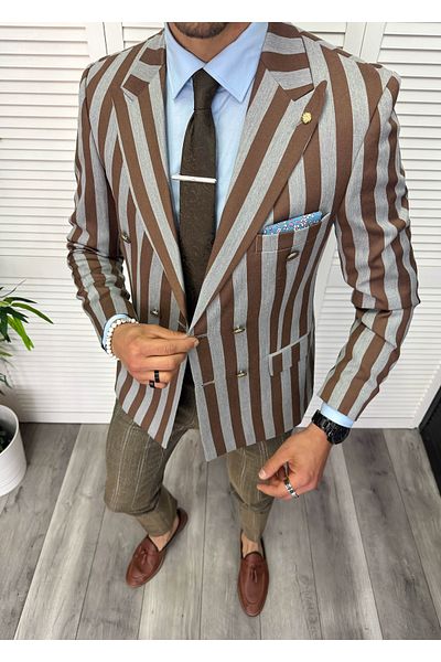 dehaine Sacou pentru barbati, slim fit, in dungi, 11867, maro