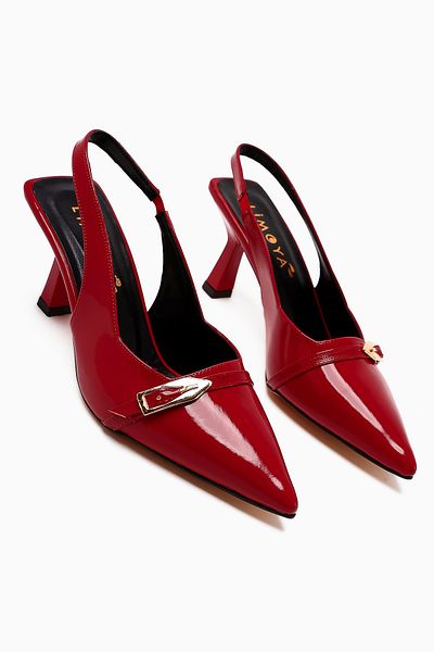 Limoya Camillas Red Patent Leather Pointed Toe Buckle Detailed Women's Heeled Shoes