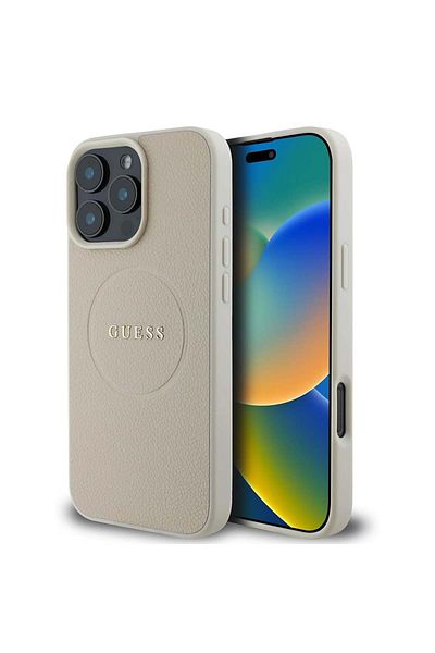 Guess Case for iPhone 16 Pro - Guess Grained Gold Ring MagSafe (GUHMP16LPGHSMME) - Beige