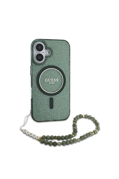 Guess Case for iPhone 16 Plus - Guess IML Glitter with Pearl Strap MagSafe (GUHMP16MHGCRELSA) - Green