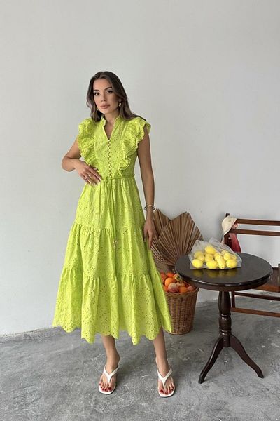 MRA Fashion Oil Green Ruffled Buttoned Dress