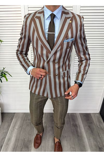 dehaine Sacou pentru barbati, slim fit, in dungi, 11867, maro
