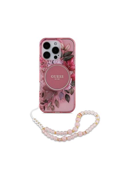 Guess Case for iPhone 16 Pro Max - Guess IML Flowers with Pearl Strap MagSafe (GUHMP16XHFWBRCESP) - Pink