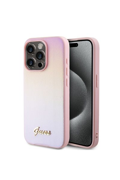 Guess IPhone 15 Pro Case - Guess Saffiano Iridescent Script (GUHCP15LPSAIRSP) - Pink