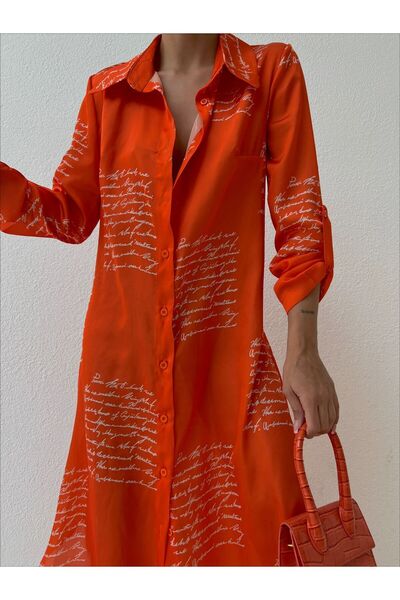 mass fashion Kadın Saten Yazı Desenli Gömlek Elbise
