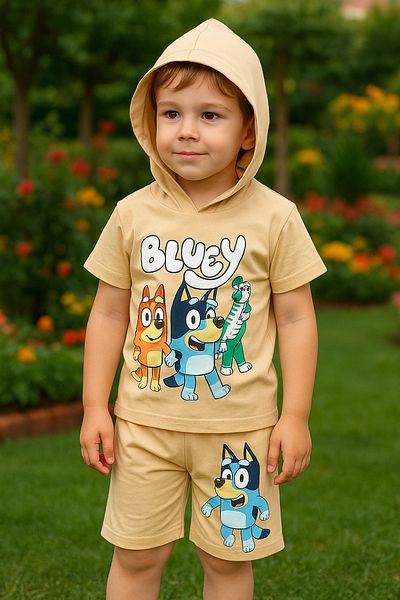 KGN GİYİM Men's Bluey Children's Summer Bottom Top Hooded Set