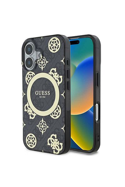 Guess Case for iPhone 16 - Guess IML Peony On 4G Background MagSafe (GUHMP16SH4PYEEK) - Black