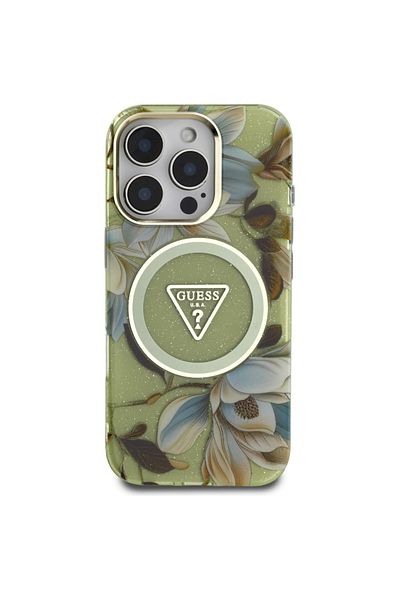 Guess Case for iPhone 16 Pro - Guess IML Metal Glitter Flowers Triangle MagSafe (GUHMP16LHFLPEDN) - Green