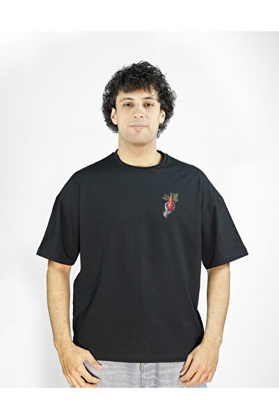 Siyah Renk Baskılı Erkek T-shirt | Cardi Palm | Oversize