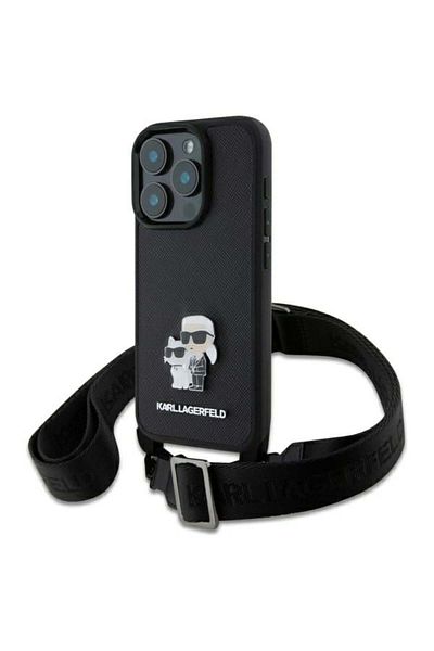 Karl Lagerfeld IPhone 16 Pro Case - Karl Lagerfeld Saffiano Crossbody (KLHCP16LSAKCPBK) - Metal Pin Karl&Choupette