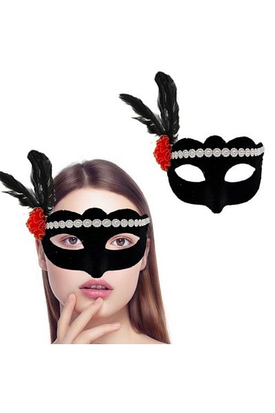 SAVA HOME COLLECTİON Black Color Suede Coated Silver Lace Red Rose Design Party Mask 18X20 cm