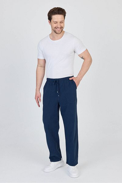 kırtex sport k teks şekil Men's Light Navy Blue 100% Cotton Trousers with Elastic Waist