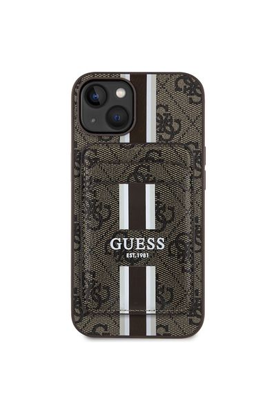 Guess Case for iPhone 15 - Guess Cardslot 4G Stripes MagSafe (GUBPHCP15SP4RPSW) - Brown