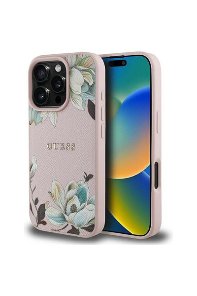 Guess Case for iPhone 16 Pro Max - Guess Grained Flowers MagSafe (GUHMP16XPGNMPLMP) - Pink