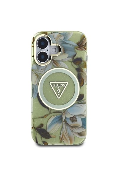 Guess Case for iPhone 16 - Guess IML Metal Glitter Flowers Triangle MagSafe (GUHMP16SHFLPEDN) - Green