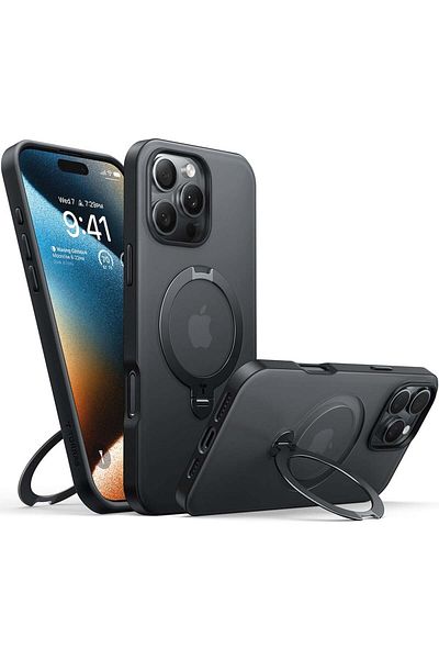 TORRAS Husă pentru iPhone 16 Pro Max - Seria Torras Ostand Spin - Neagră