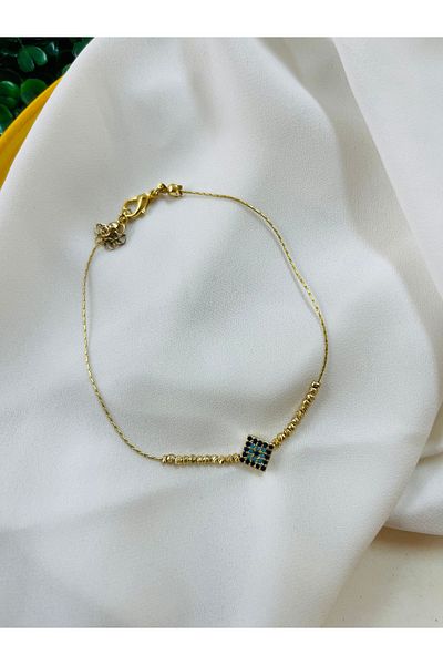 PONÇİK ACCESSORİES Gold Color Anklet with Evil Eye Bead and Dorica (Average Size Is 20 cm)