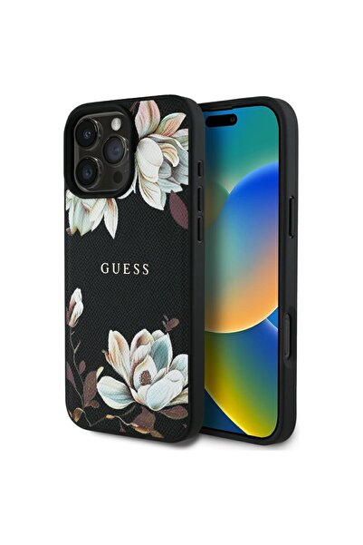 Guess Case for iPhone 16 Pro - Guess Grained Flowers MagSafe (GUHMP16LPGNMPLMK) - Black