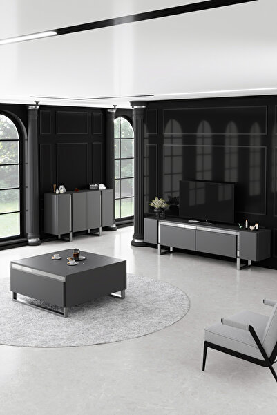 Modatte YILDIZ GÜMÜŞ METAL AYAKLI KROM TASARIM ANTRASİT TV SEHPASI