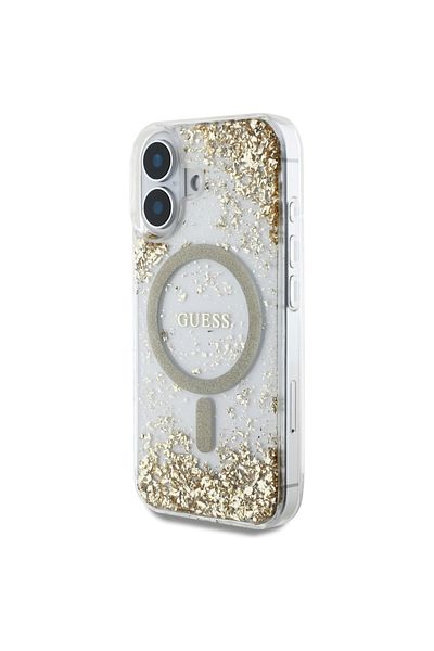 Guess Case for iPhone 16 - Guess Hardcase Resin Bottom Glitter MagSafe (GUHMP16SRGRGED) - Gold
