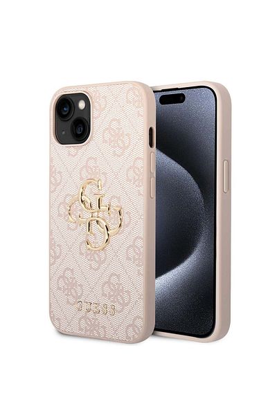 Guess Case for iPhone 15 - Guess Leather 4G Metal Logo (GUHCP15S4GMGPI) - Pink