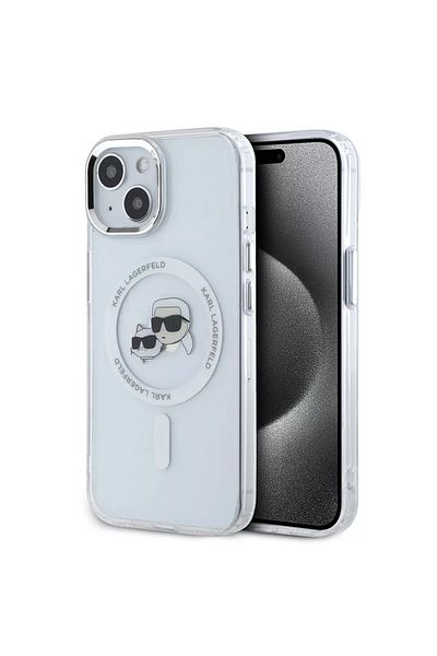 Karl Lagerfeld Case for iPhone 15 - Karl Lagerfeld IML MagSafe (KLHMP15SHLSKCH) - White Metal Karl&Choupette Heads