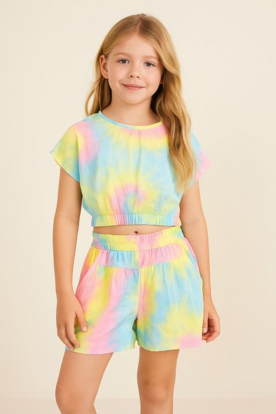wakawakakidsstore Tie Dye Print Crop Top and Shorts Girls' Set