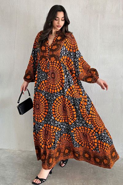 AYASOFYA OTANTIK Women's Orange Button Detailed Patched Collar Ethnic Patterned Balloon Sleeve Loose Long Dress