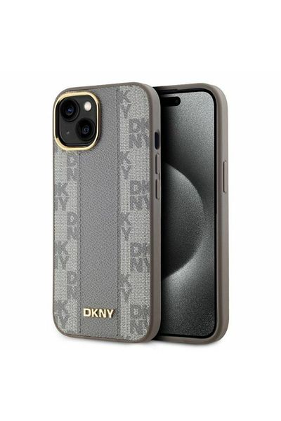 Dkny Husă pentru iPhone 15 - DKNY MagSafe din piele cu model mono în carouri (DKHMP15SPCPVSLE) - Bej