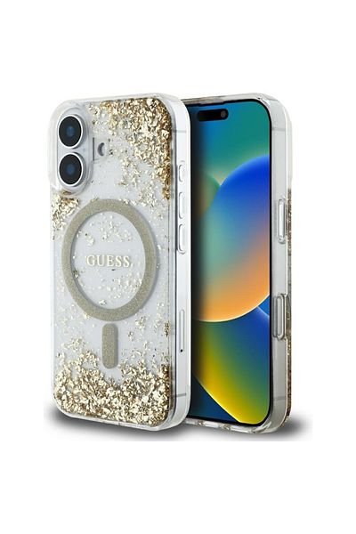 Guess Case for iPhone 16 - Guess Hardcase Resin Bottom Glitter MagSafe (GUHMP16SRGRGED) - Gold