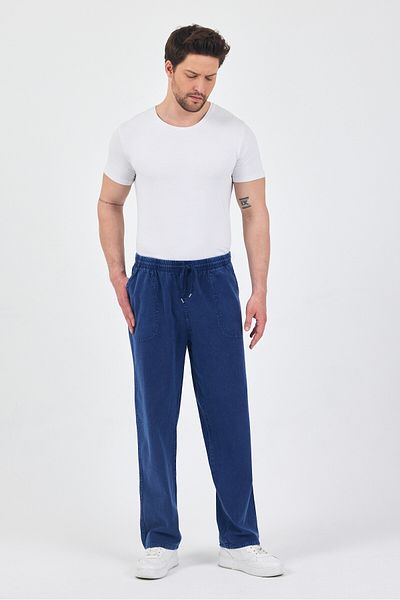 kırtex sport k teks şekil Men's Blue Elastic Waist 100% Cotton Washed Monaha Trousers