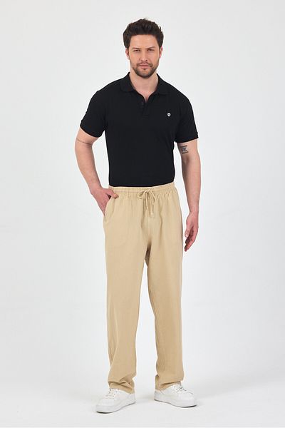 kırtex sport k teks şekil Men's Light Cream Elastic Waist 100% Cotton Trousers