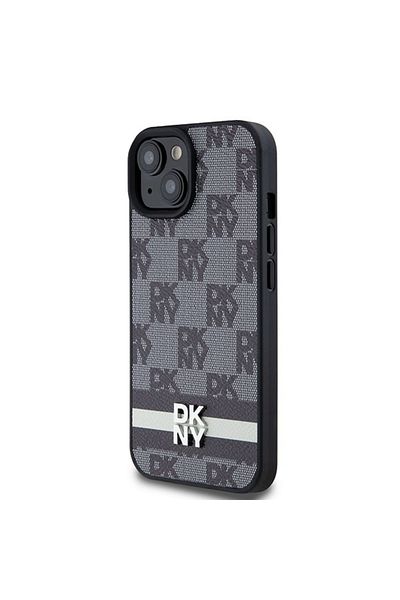 Dkny IPhone 15 Case - DKNY Leather Checkered Mono Pattern & Printed Stripes (DKHCP14SPCPTSSK) - Black