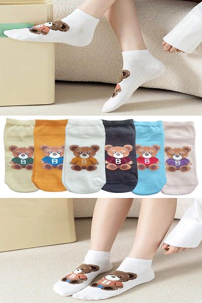 Esinti 6 Pairs Women's Ankle Length Multicolored Big Teddy Bear Patterned Booties Socks Set 6 Pieces