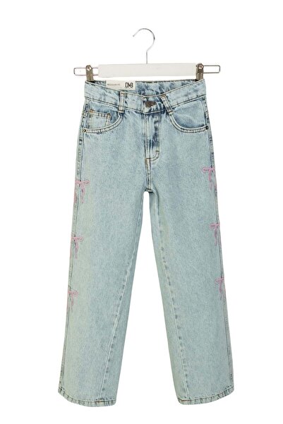 wakawakakidsstore Pantaloni de blugi pentru fete albastru deschis brodat cu panglică roz